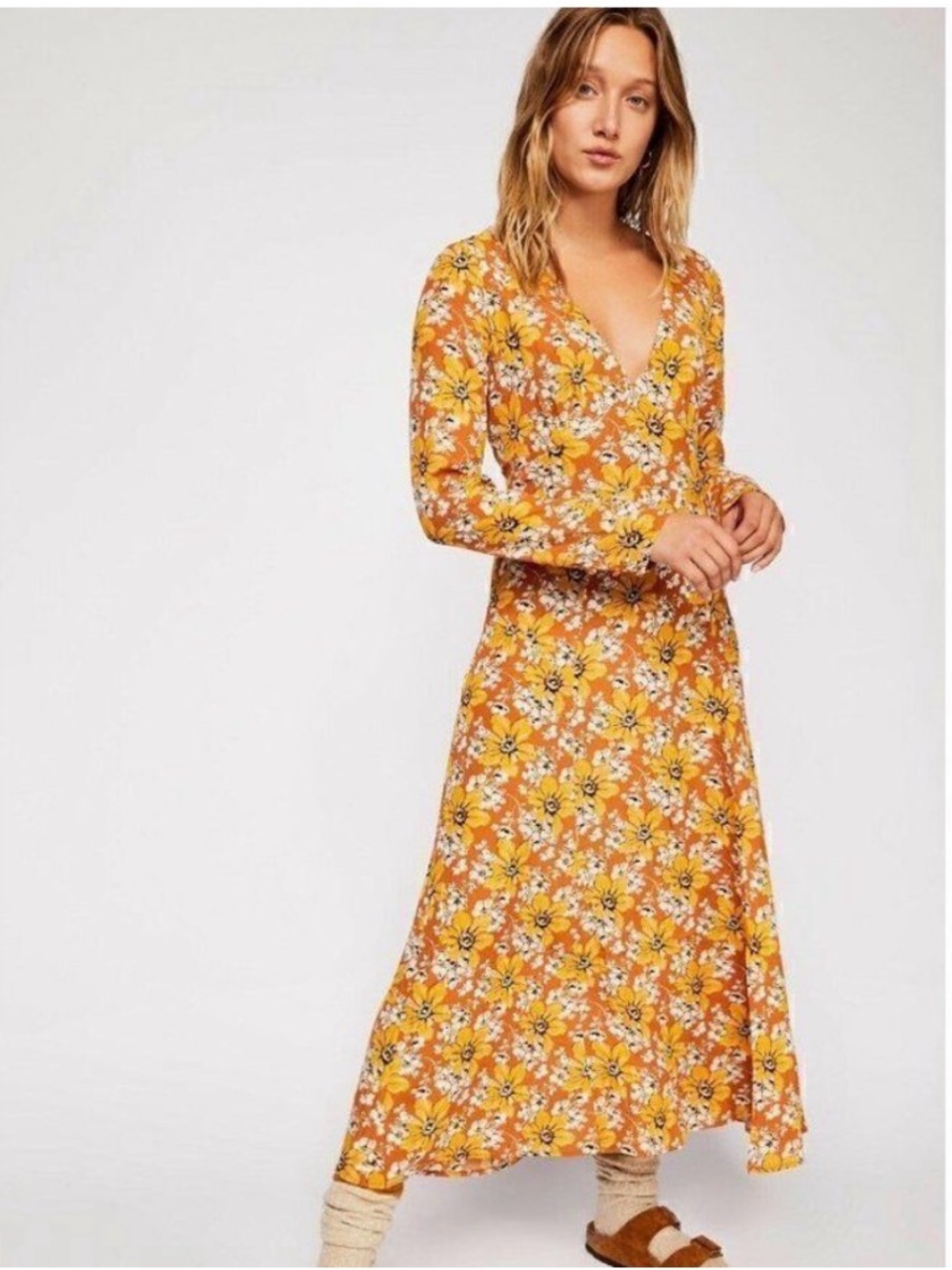 Free People Yellow Floral V-Neck Maxi Dress